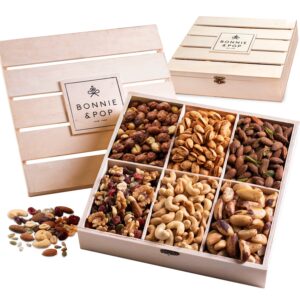 Nut Gift Basket, in Reusable Wooden Crate, Healthy Gift Option, Gourmet Snack Food Box, with Unique Flavors, Great for Feel Better, Sympathy & Birthday