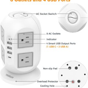 Tower Surge Protector Power Strip 10 ft, Long Flat Extension Cord with Multiple Outlets, 8 AC Outlets with 4 USB Ports (1 USB C), Charging Station with Surge Protection