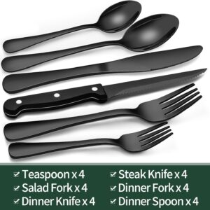 24-Piece Black Silverware Set with Steak Knives, Black Flatware Set for 4, Food-Grade Stainless Steel Tableware Cutlery Set, Mirror Finished Utensil Sets