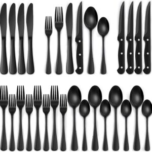 24-Piece Black Silverware Set with Steak Knives, Black Flatware Set for 4, Food-Grade Stainless Steel Tableware Cutlery Set, Mirror Finished Utensil Sets